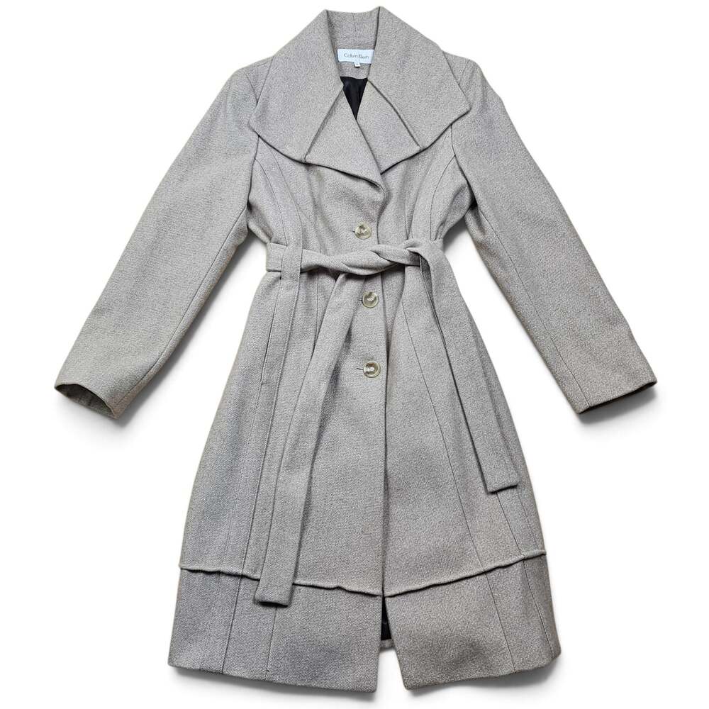 CALVIN KLEIN Wool Blend Coat Womens 12 Oatmeal Belted Maxi Wrap Quiet Luxury